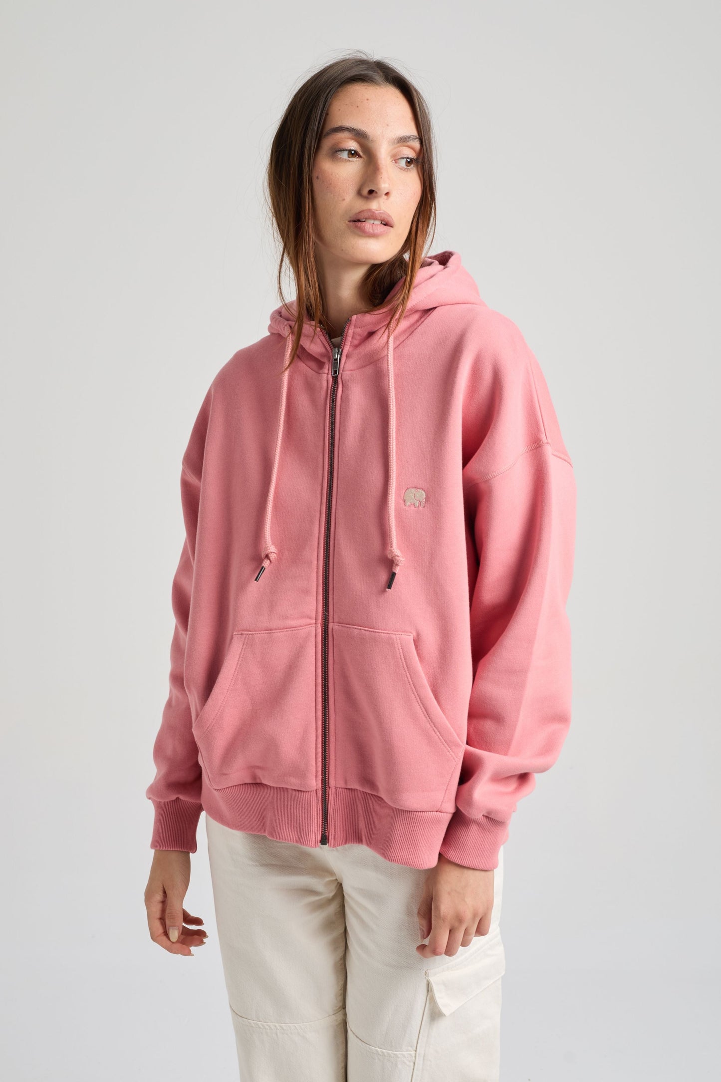 Women's Organic Essential Oversized Zip Hoodie Rossette Pink - model front