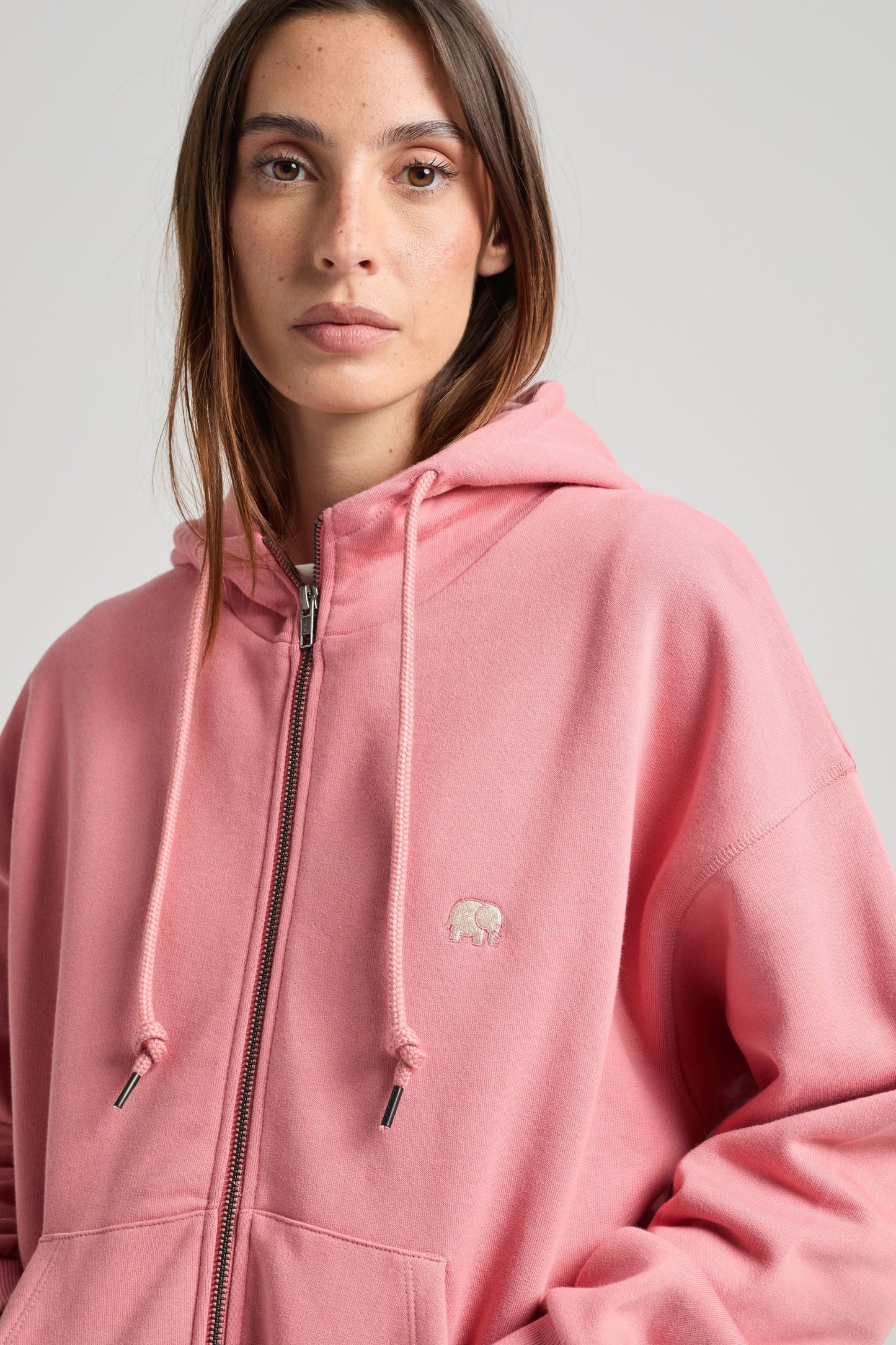 Women's Organic Essential Oversized Zip Hoodie Rossette Pink - model back