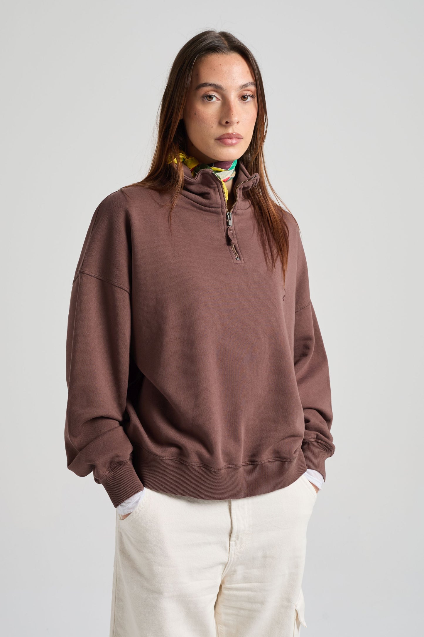 Women's Essential Quarter Zip Sweatshirt Shaved Chocolate - model front