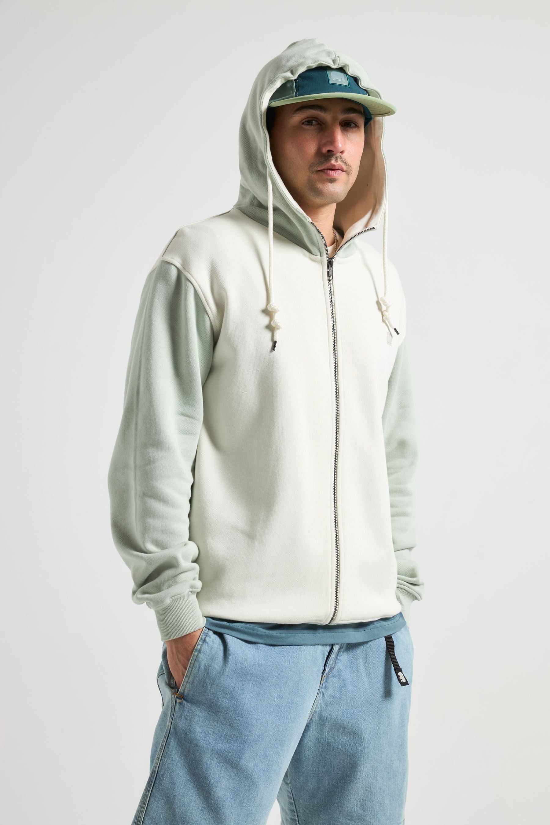 Color Block Zip Hoodie Sea Glass