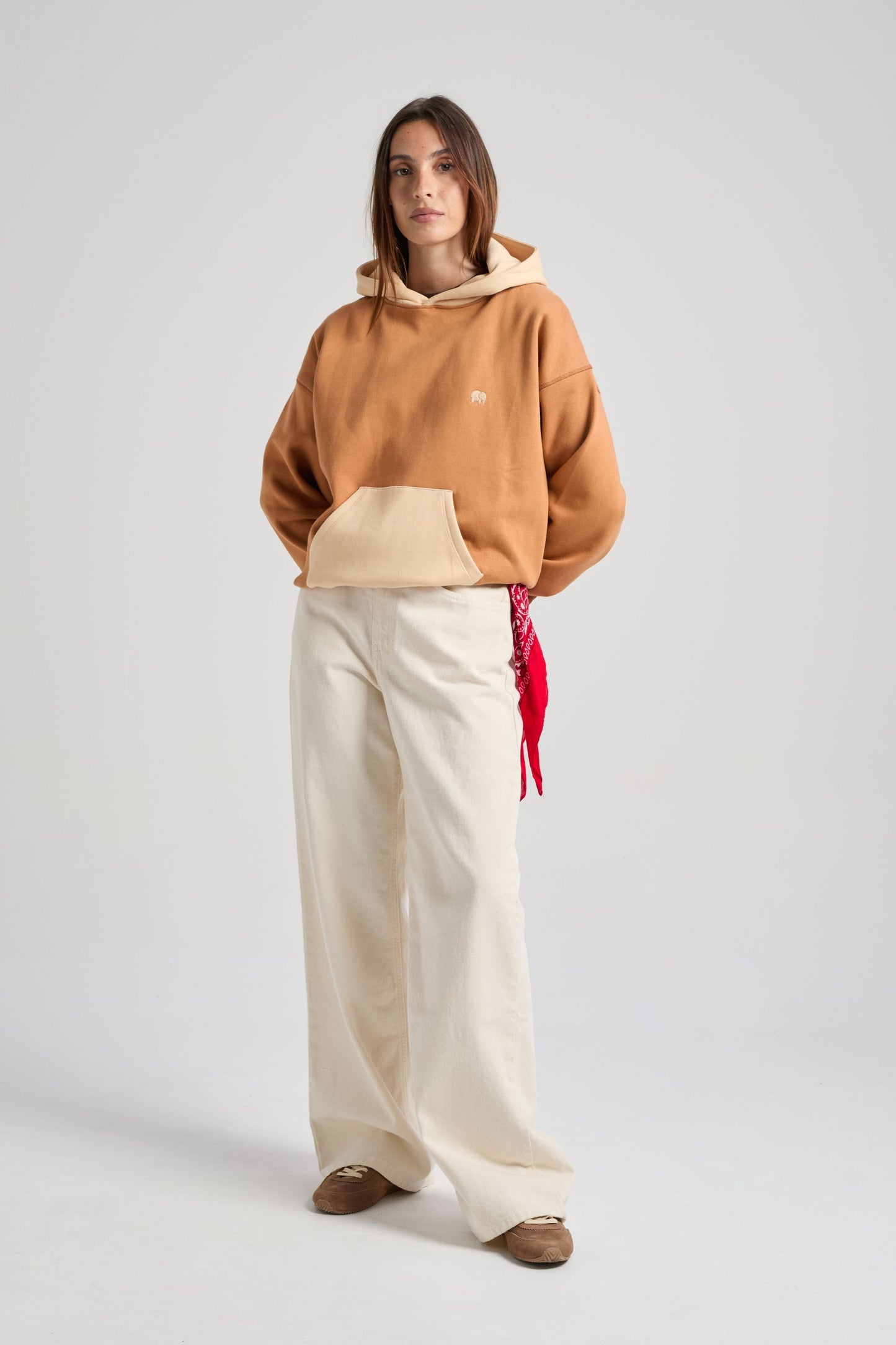 Women's Color Block Hoodie Cashew - model front