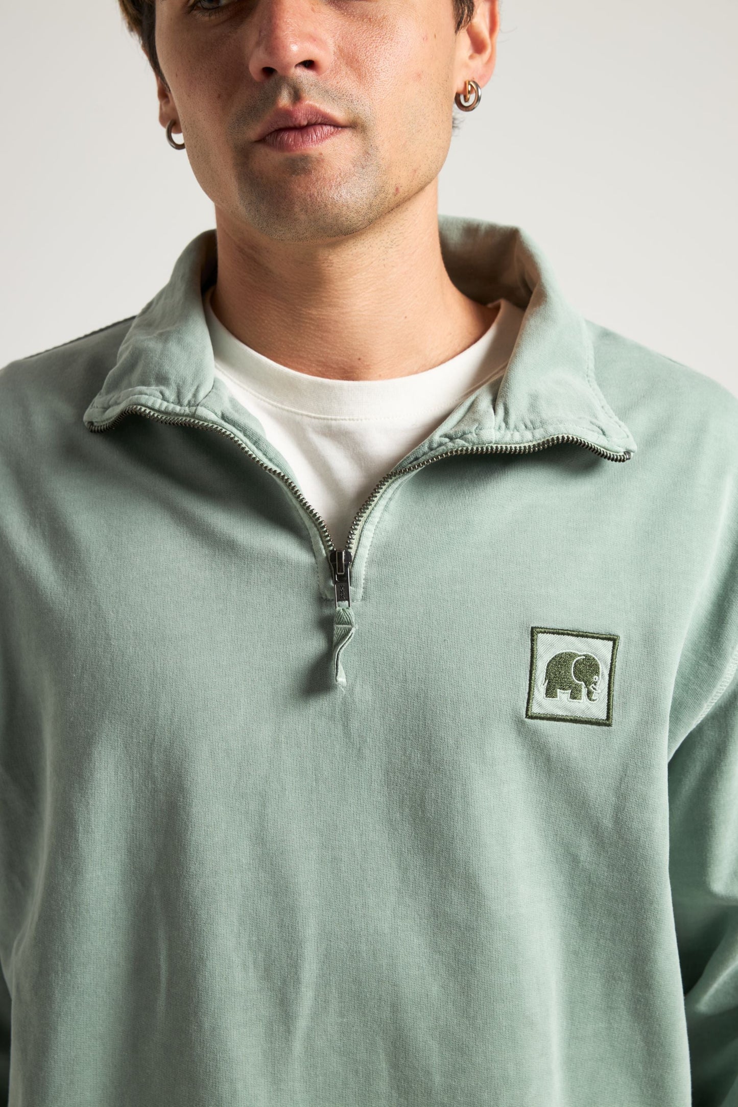 Sauce Pigment Quarter Zip Sweatshirt Silver Green - model front detail