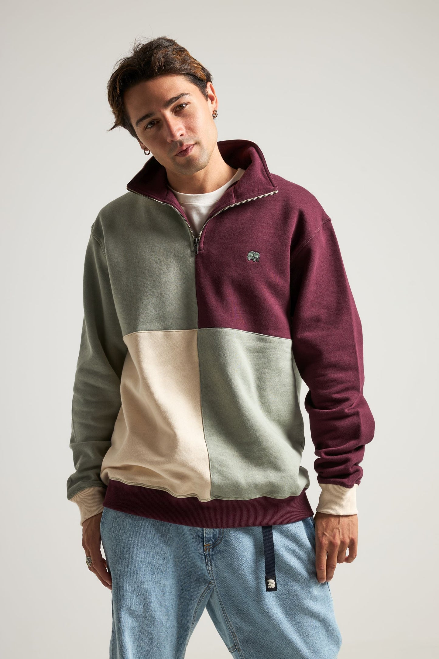 Color Block Quarter Zip Sweatshirt Iron Veil - model front