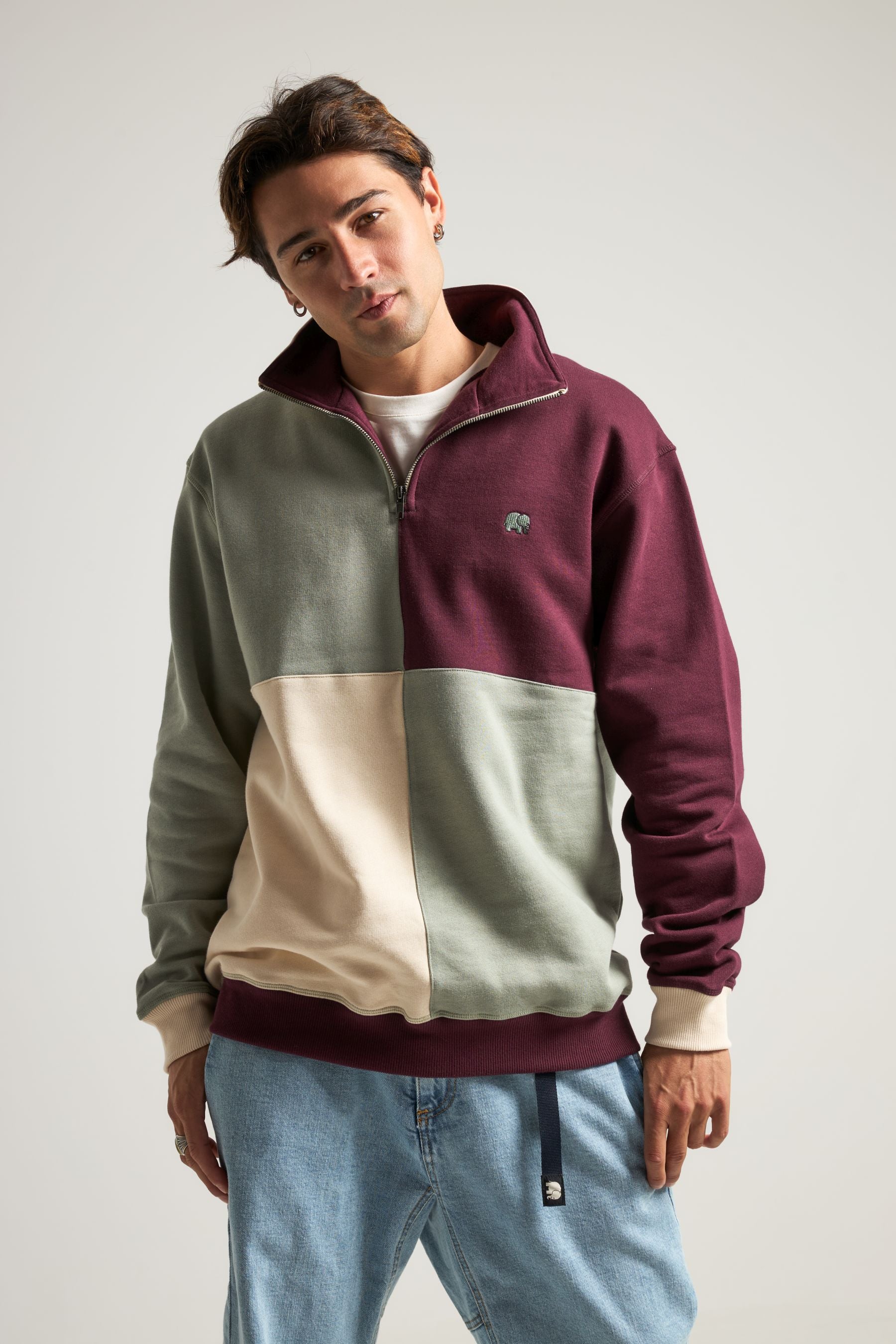 Color Block Quarter Zip Sweatshirt Iron Veil - model front