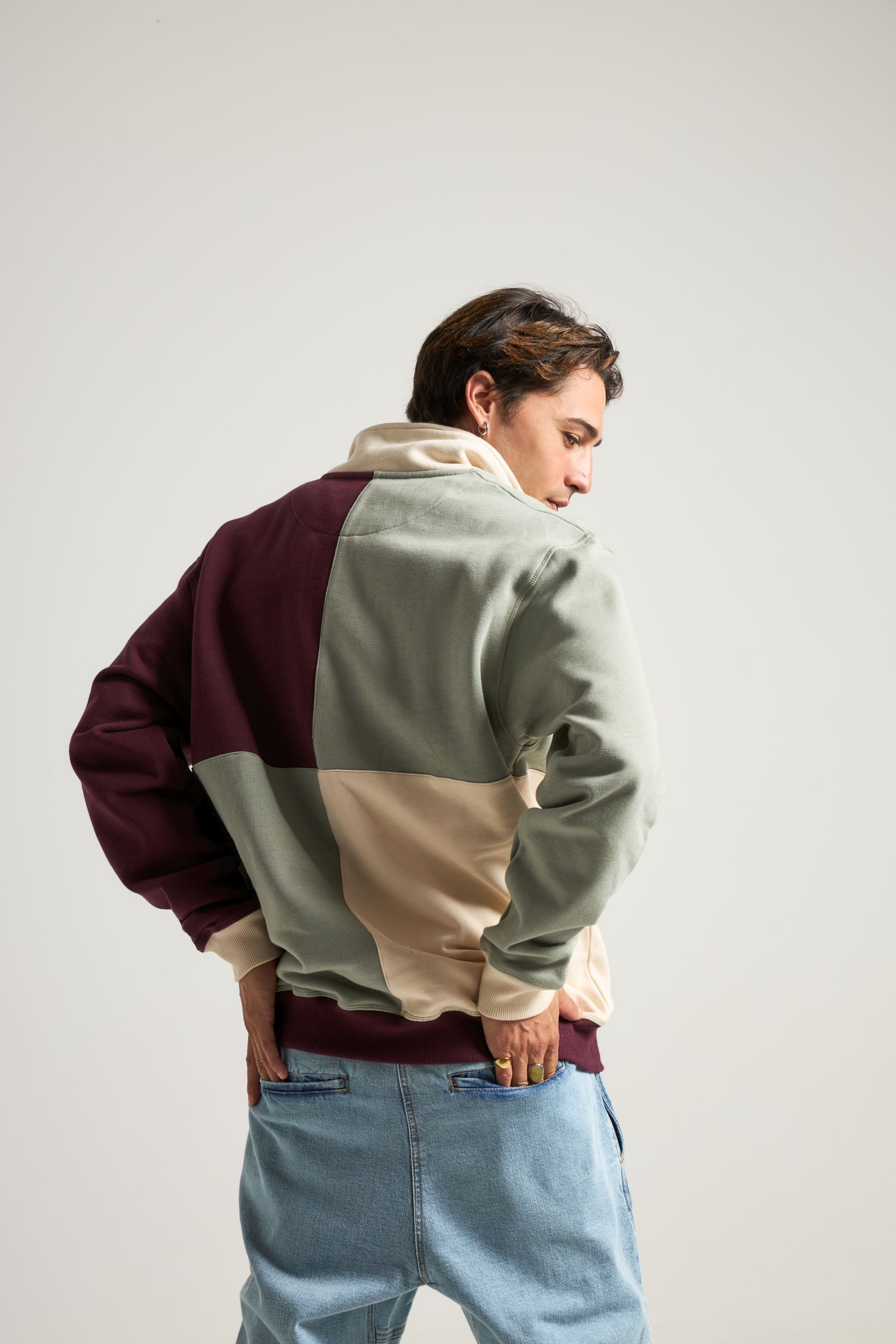Color Block Quarter Zip Sweatshirt Iron Veil - model back