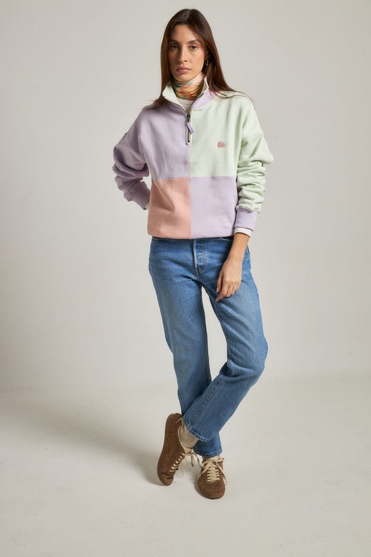 Women's Oversized Color Block Half Zip Sweatshirt Lavender - model front detail