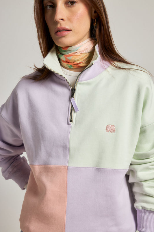 Women's Oversized Color Block Half Zip Sweatshirt Lavender - model front