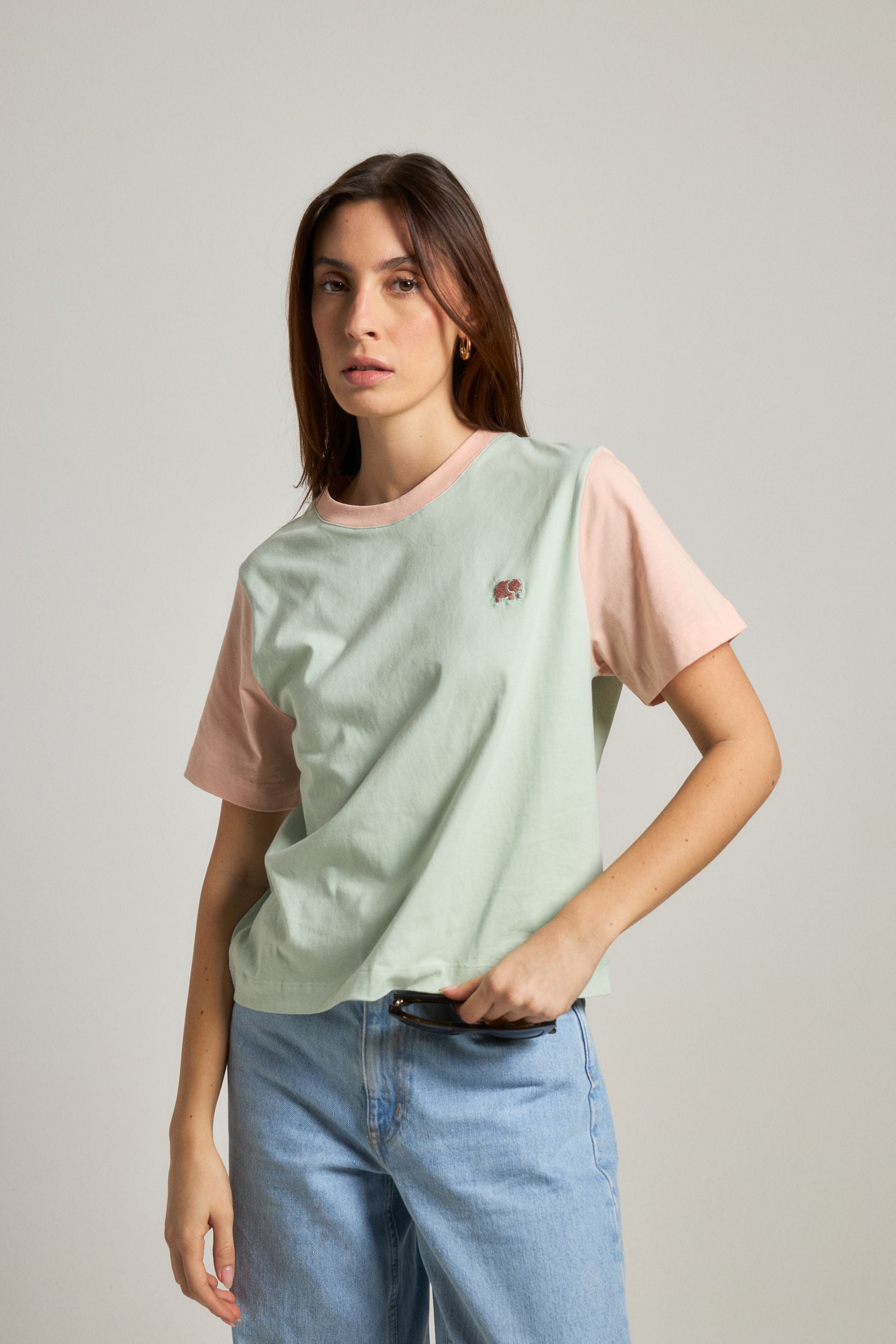 Women's Color Block T-Shirt Mint Green - model front detail