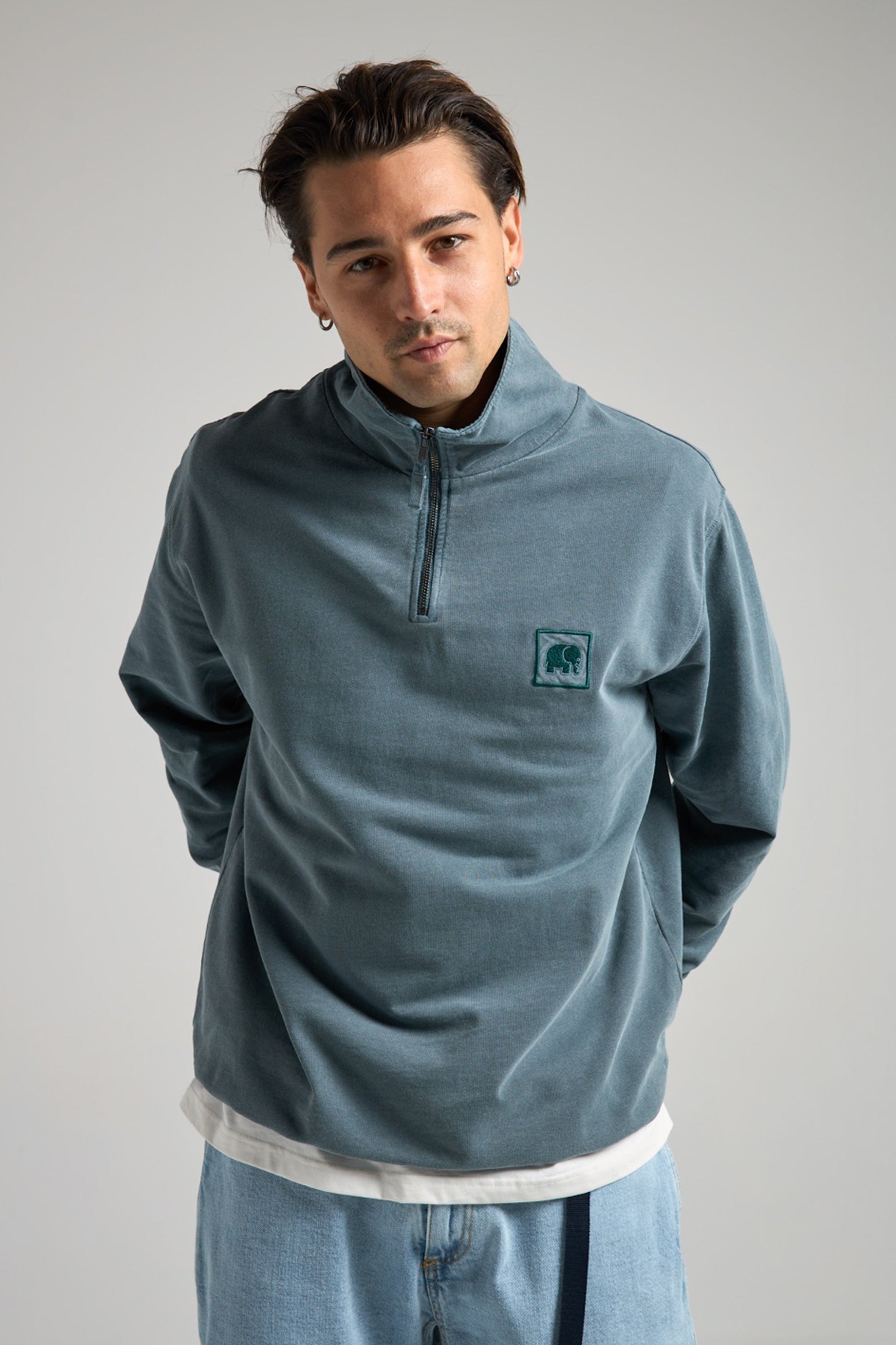 Sauce Pigment Dyed Quarter Zip Sweatshirt Elm Green - model front