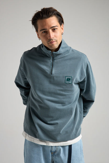 Sauce Pigment Dyed Quarter Zip Sweatshirt Elm Green - model front