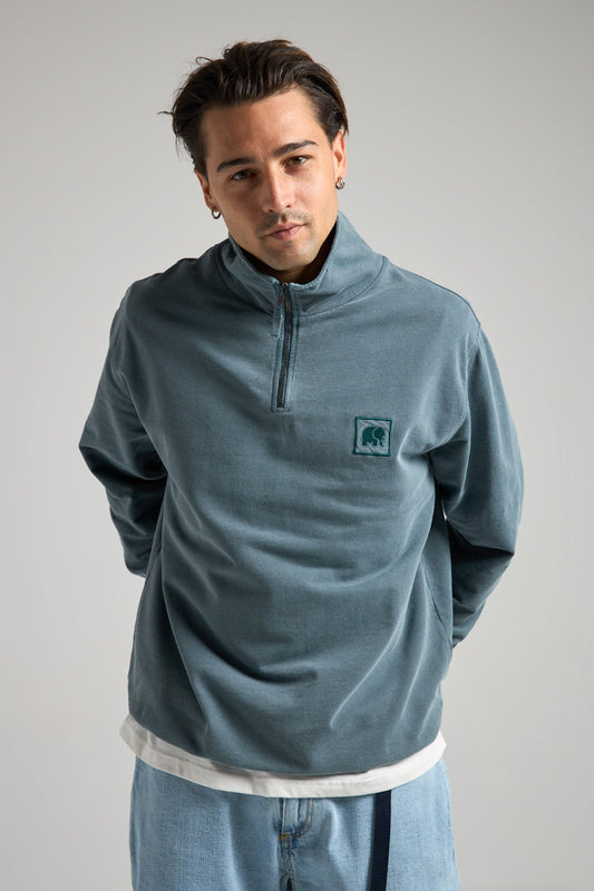 Sauce Pigment Dyed Quarter Zip Sweatshirt Elm Green - model front