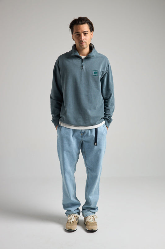 Sauce Pigment Dyed Quarter Zip Sweatshirt Elm Green - model front detail